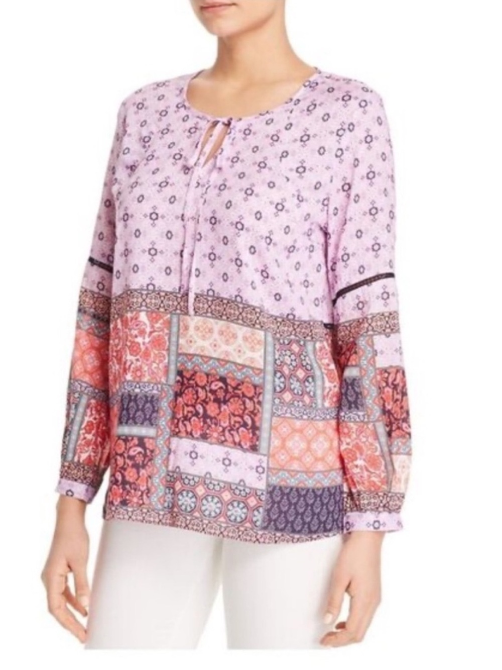Feathers by Tolani Elsie Patchwork Blouse Pink Purple Boho Top Modal XS NWT